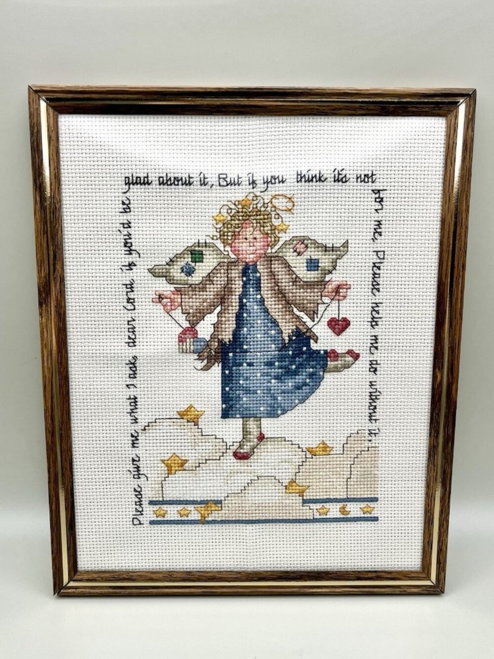 Vintage Framed Guardian Angel Cross Stitch Sampler Folk Art Needlework Christian